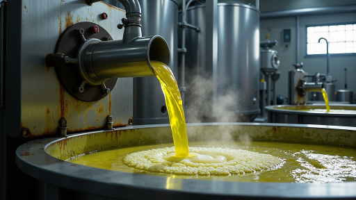 Olive oil processing facility with specialized equipment, clean environment, and quality control systems